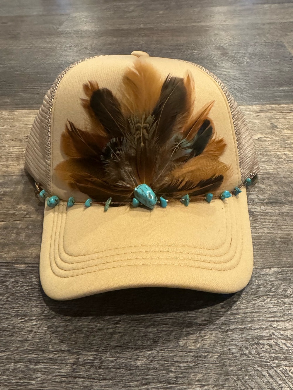 Handcrafted Feather & Turquoise Western Trucker Hat